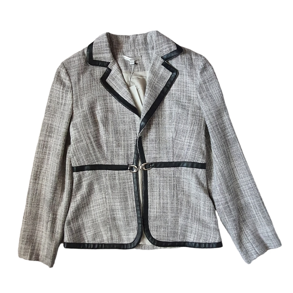 Business Casual Womens Classy Blazer Gray Black Trim Basketweave By Reserved